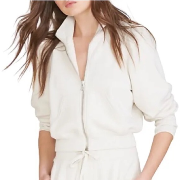 Veronica Beard Tops - Veronica Beard Siedel Zip-Up Sweatshirt Size L Ecru Puff Sleeve Track Jacket